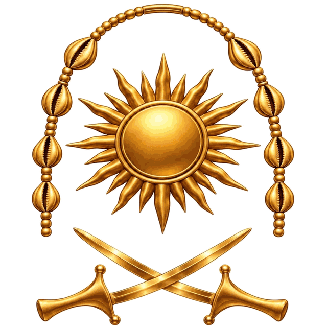 Emblème du Temple Au Cœur du Vodun : soleil, chapelet de cauris et sabres croisés